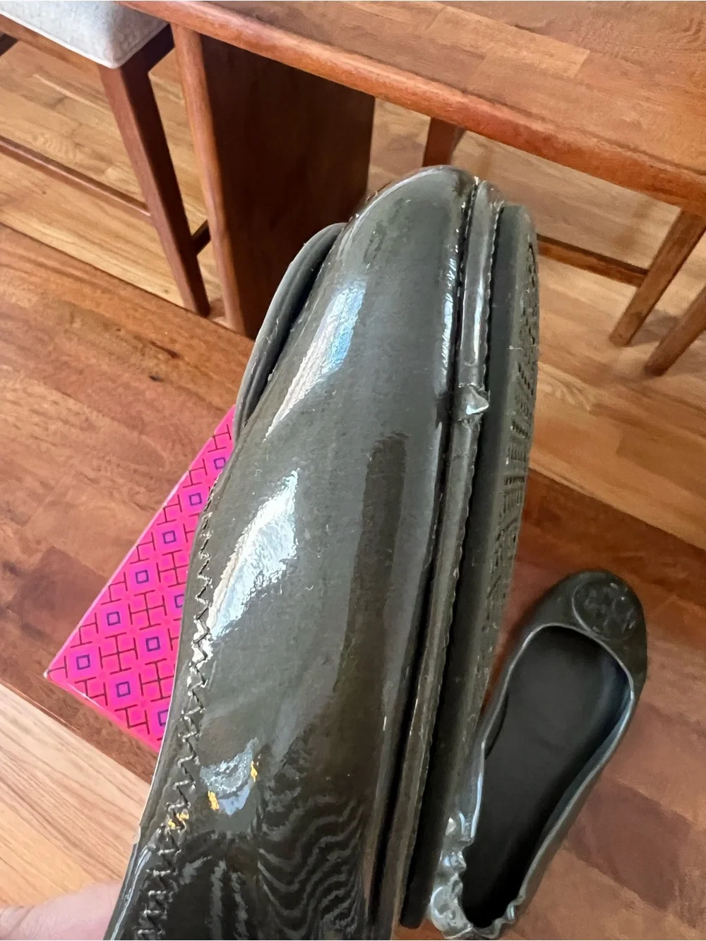 Tory Burch Olive Green Patent Reva Logo Ballet Flats